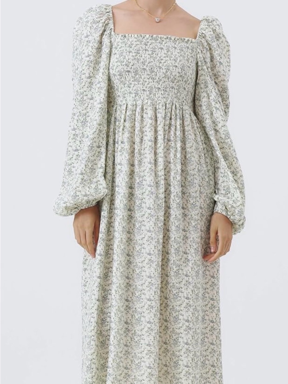 Smocked Puff-Sleeve Midi Dress in Cream with Sage Floral
